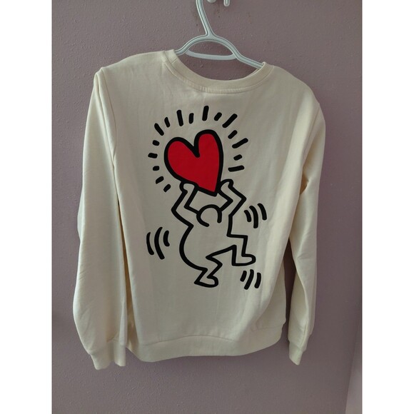 Keith Haring Lightweight Sweatshirt Beige Unisex Size XS Big Heart Super Soft - Picture 7 of 9